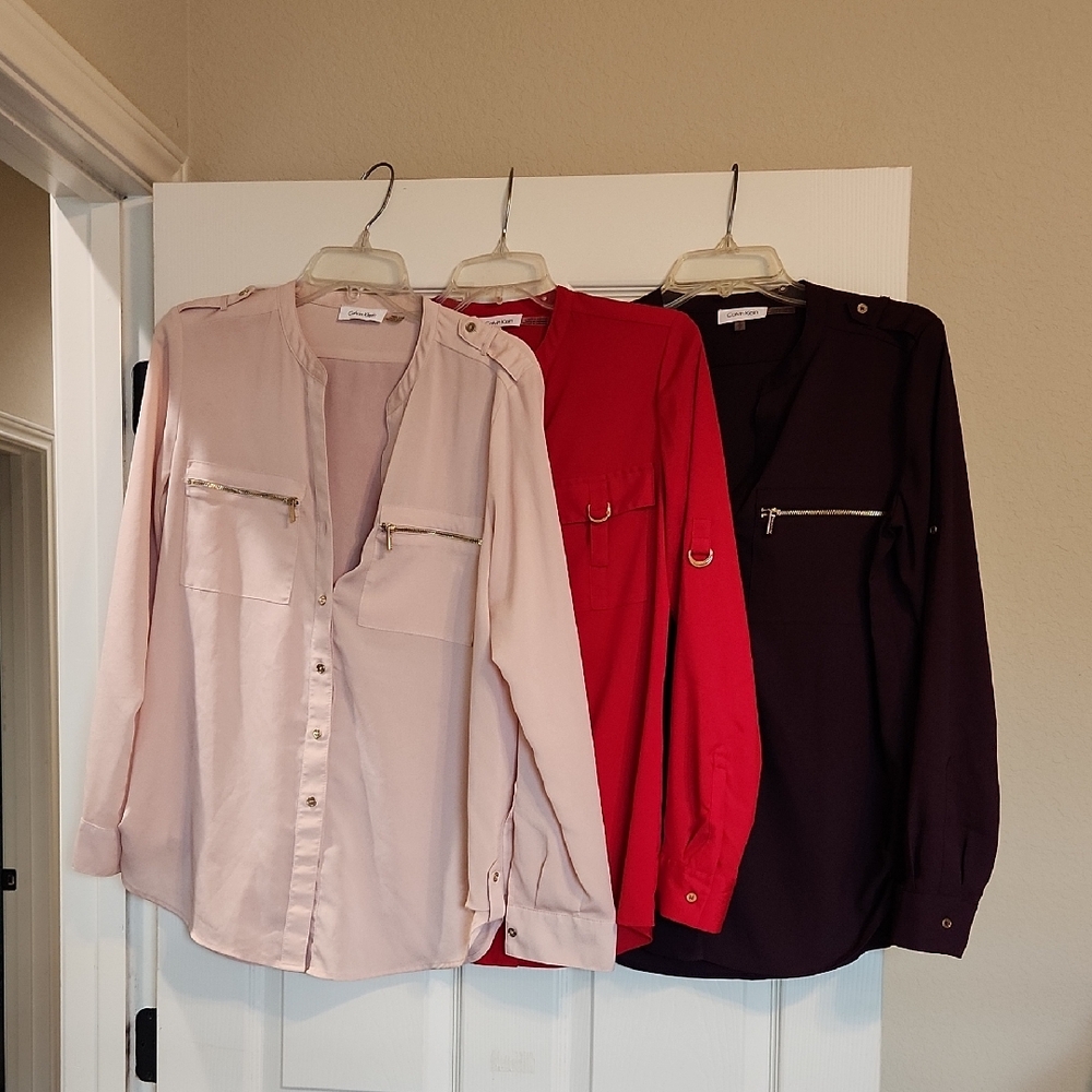 Lot Of Calvin Klein Women's Button Down Shirts - Pale Pink, Red, and Purple